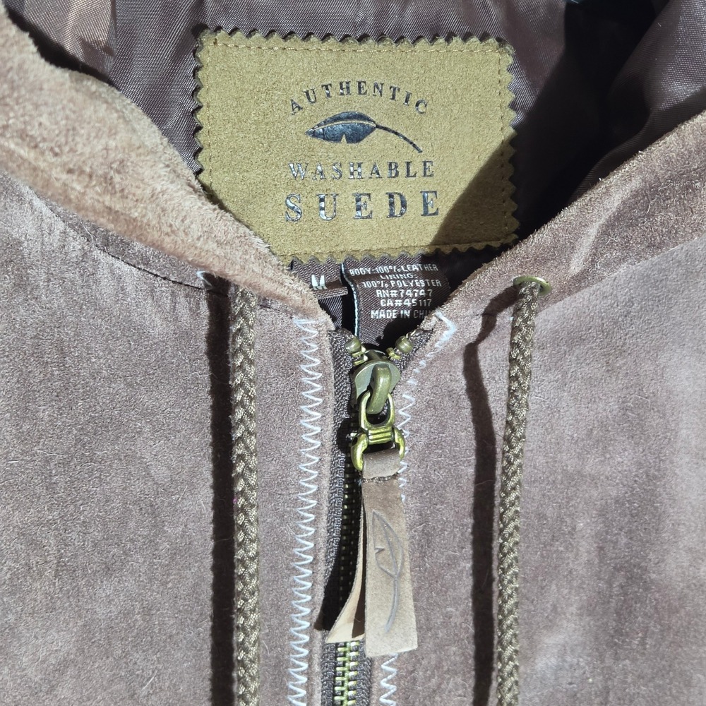 Authentic Washable Suede Jacket Womens M Brown Good Hooded Zip Leather Stitching - Picture 7 of 11